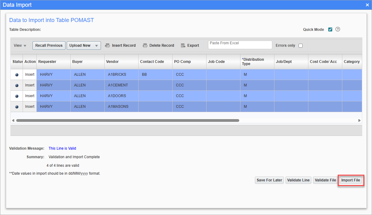 Screenshot of Data Import pop-up.