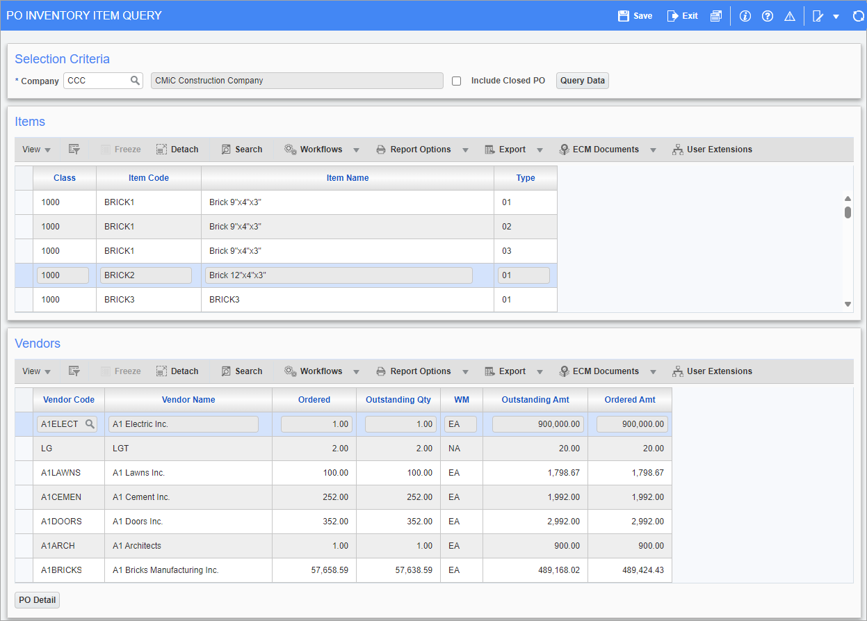 Screenshot of PO Inventory Item Query