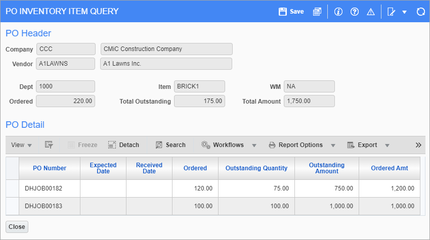 Screenshot of PO Inventory Item Query pop-up launched from [PO Detail] button