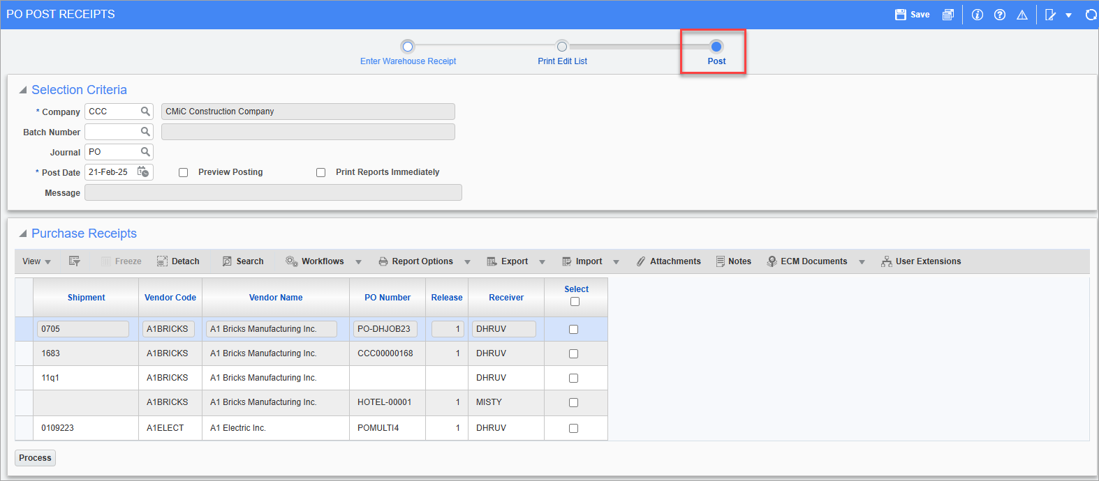 Screenshot of PO Post Receipts.