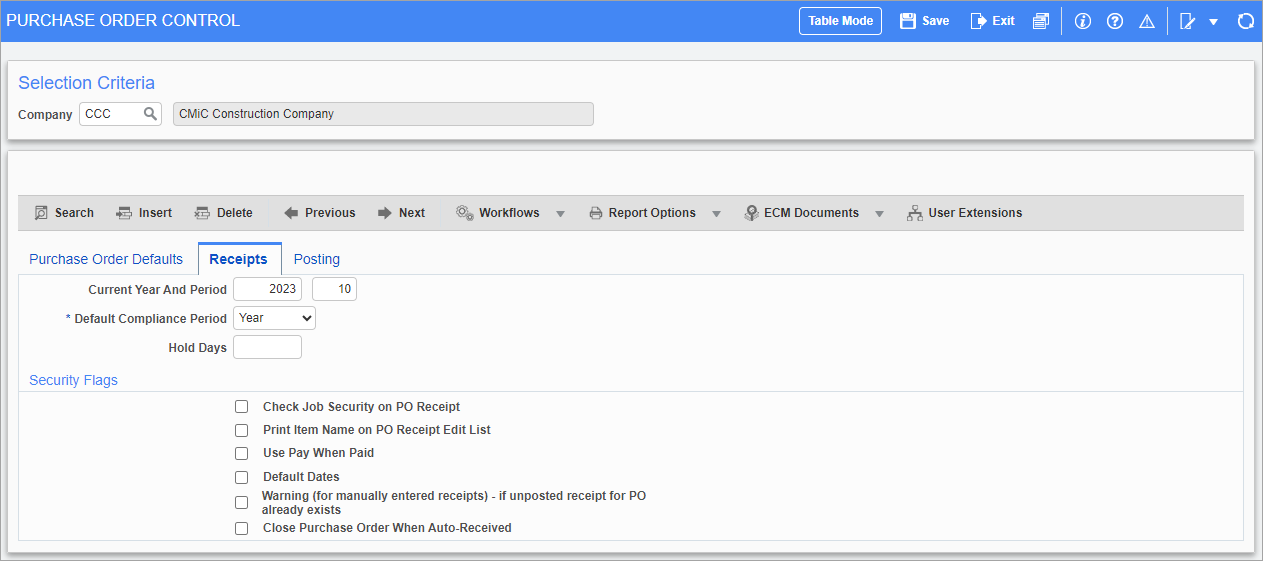 Screenshot of Purchase Order Control - Receipts tab