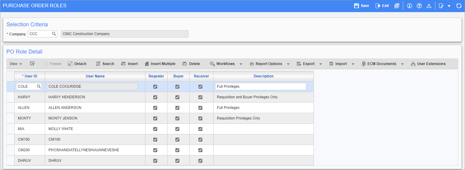 Screenshot of Purchase Order Roles