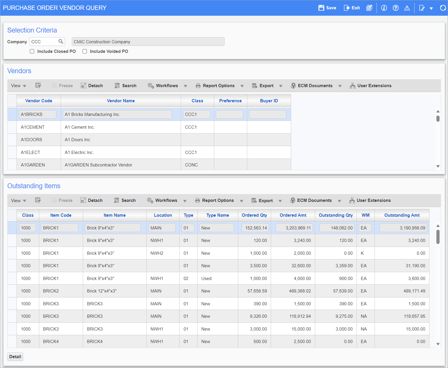 Screenshot of Purchase Order Vendor Query 