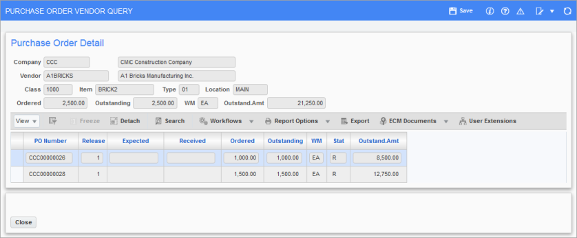 Screenshot of Purchase Order Vendor Query 