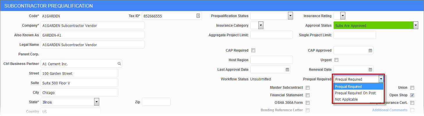 Screenshot of Subcontractor Prequalification with field highlighted.