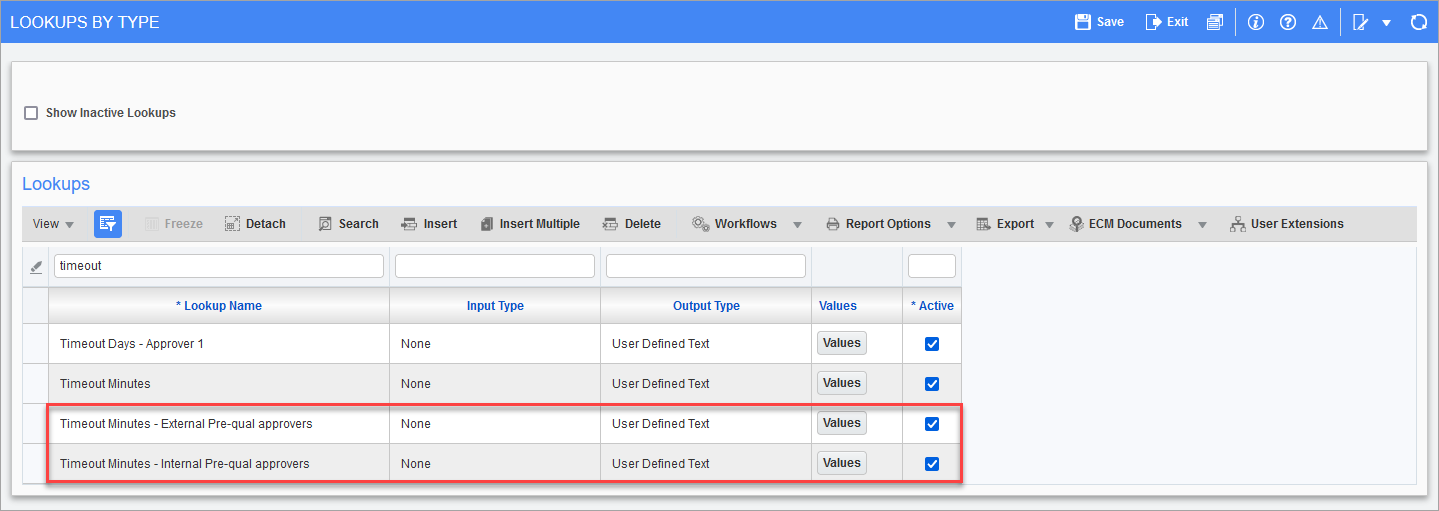 Screenshot of Lookups By Type with rows highlighted.