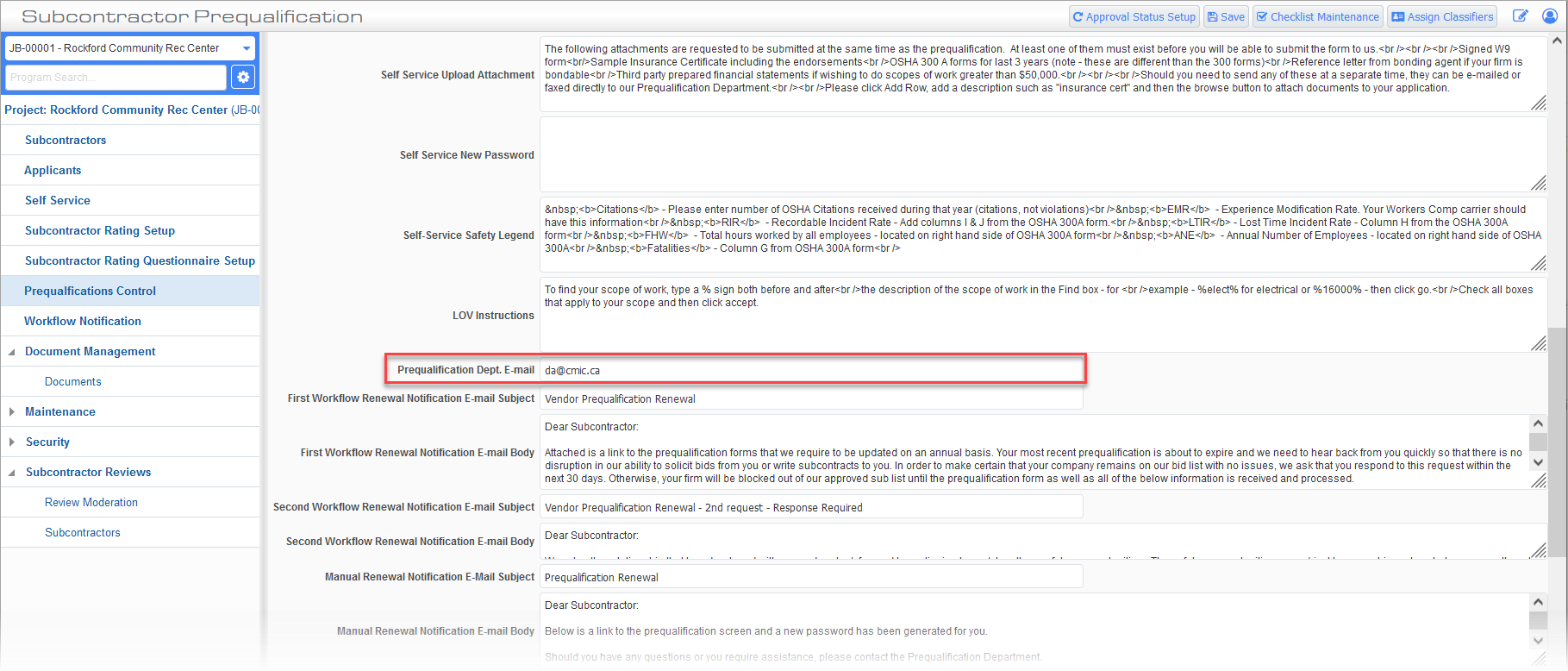 Screenshot of Prequalification Control.
