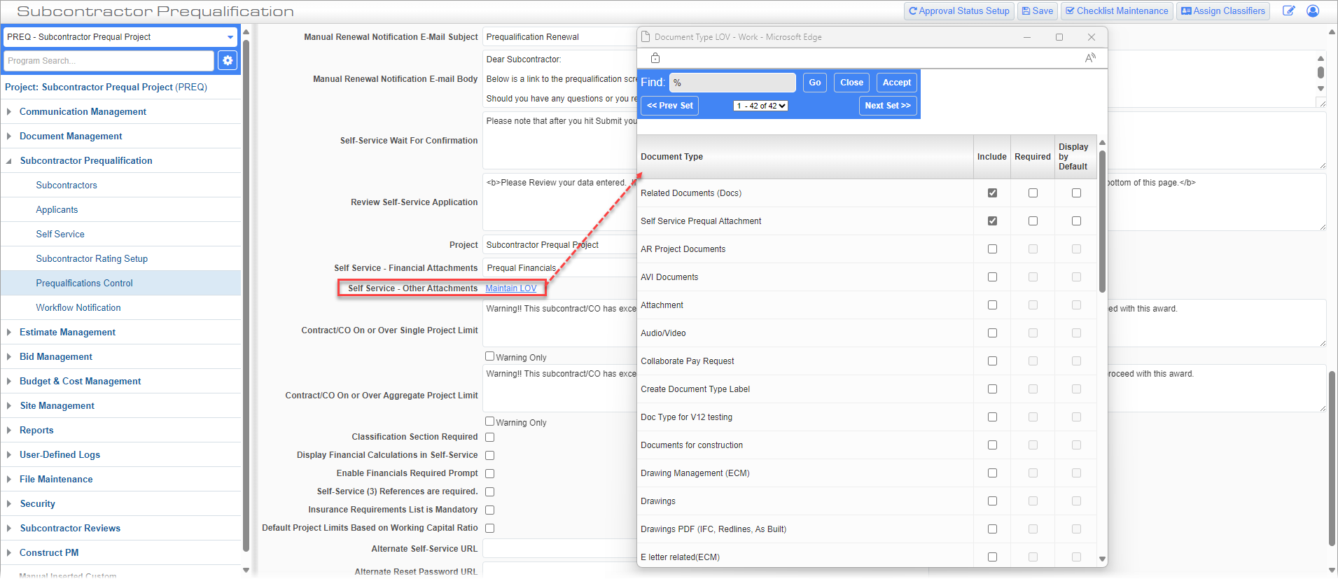 Screenshot of Document Type Lov pop-up.