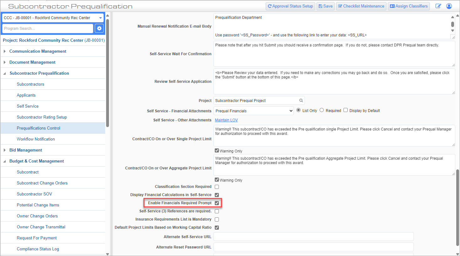 Screenshot of Prequalifications Control with 'Enable Financials Required Prompt' highlighted