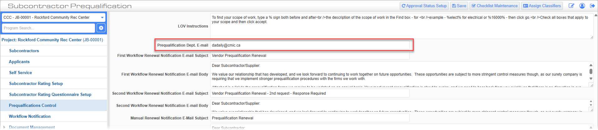 Screenshot of Prequalification Control with Prequalification Dept. Email field highlighted.