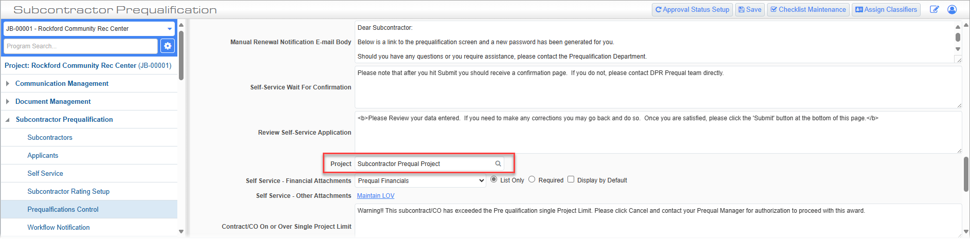 Screenshot of Prequalifications Control with Project field highlighted.