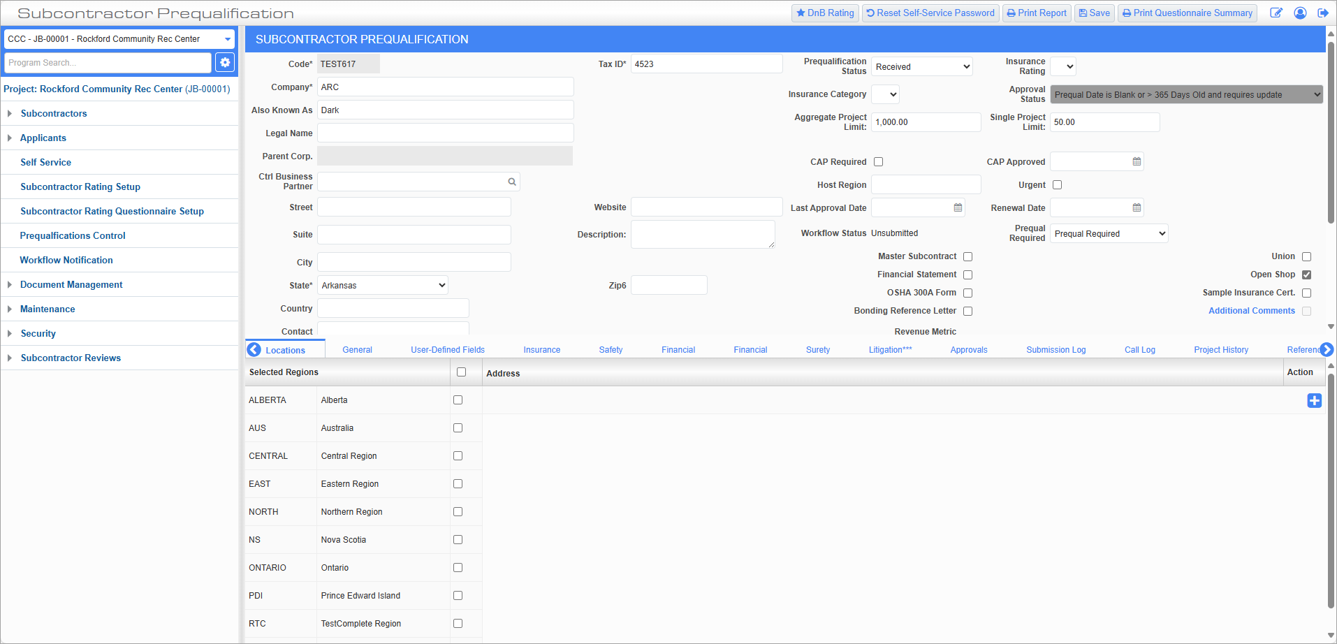 Screenshot of Subcontractors.