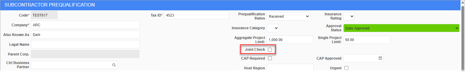 Screenshot of Subcontractor with 'Joint Check' field highlighted.