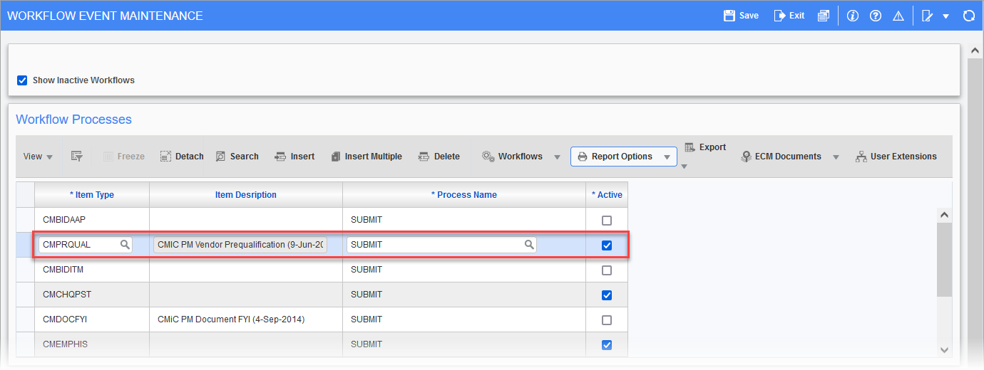Screenshot of Workflow Event Maintenance.