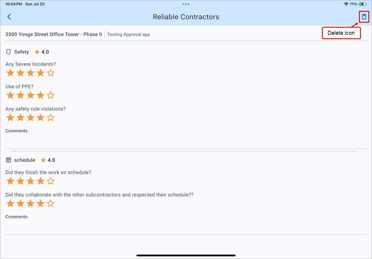 Screenshot of the Delete icon for a selected review
