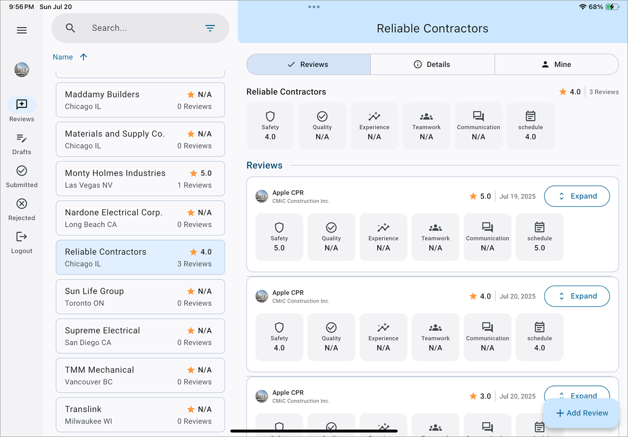 Screenshot of the Home screen in the Construct PR App