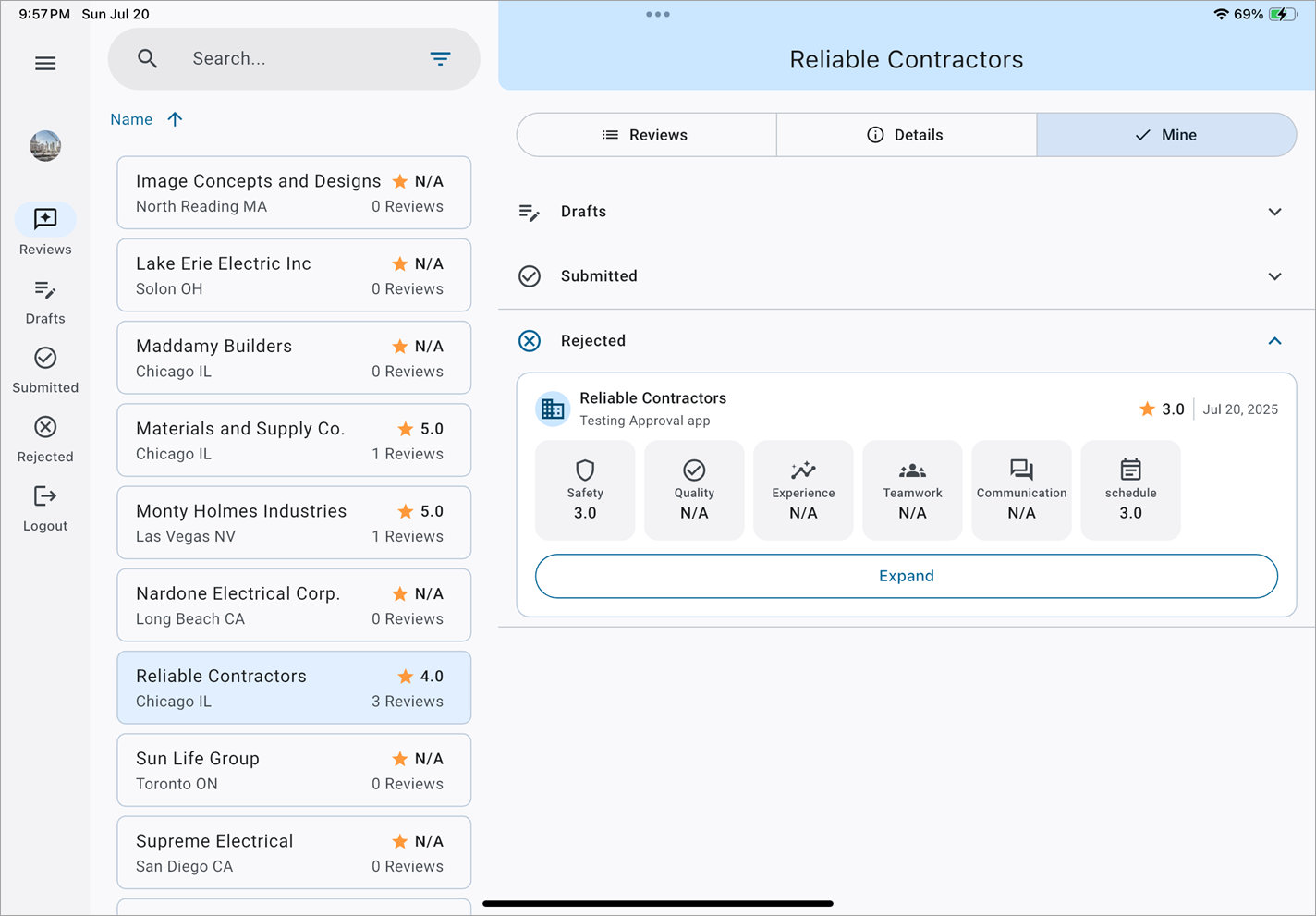 Screenshot of the collapsed sections and the expanded Rejected section