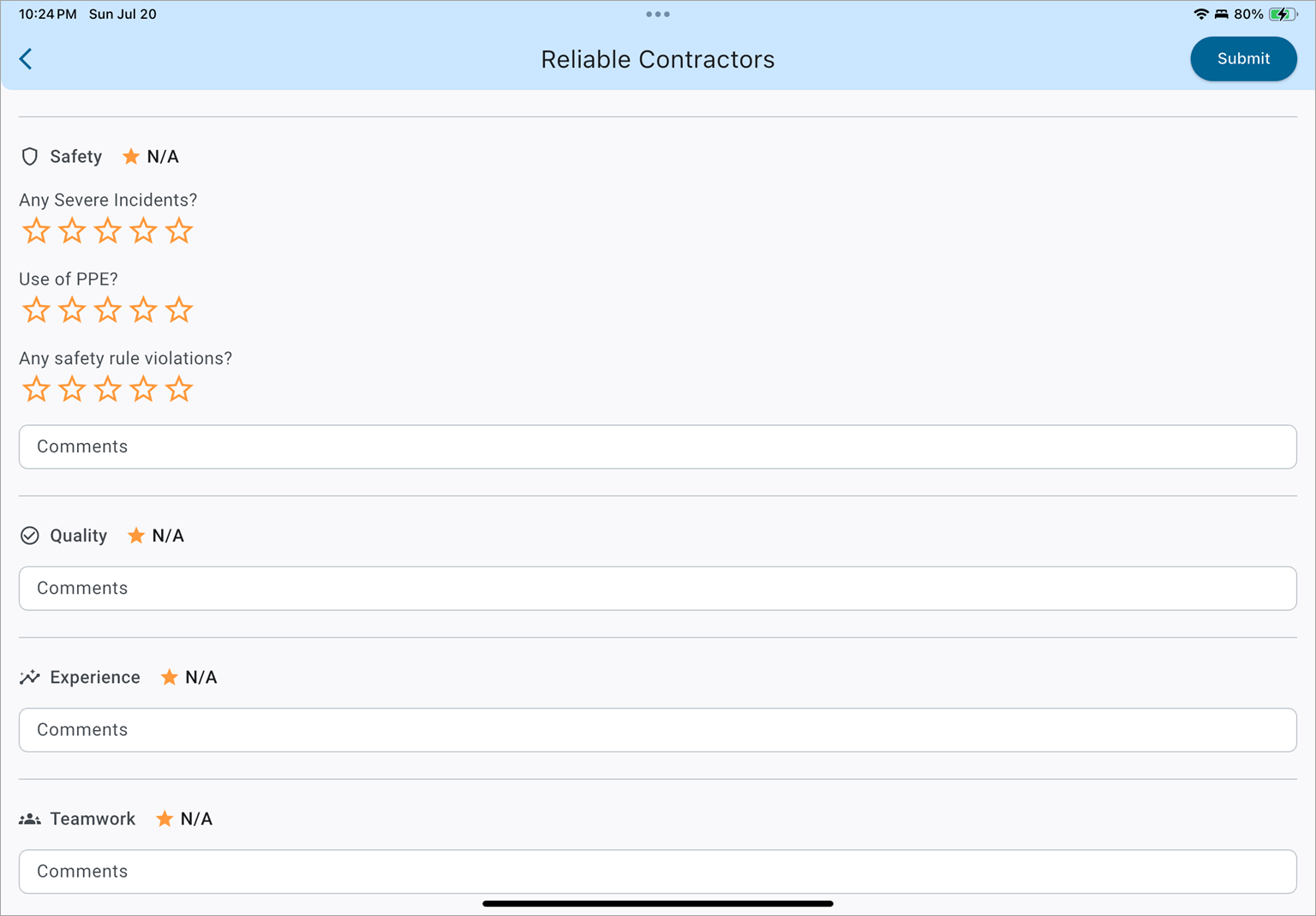 Screenshot of the Reviews screen