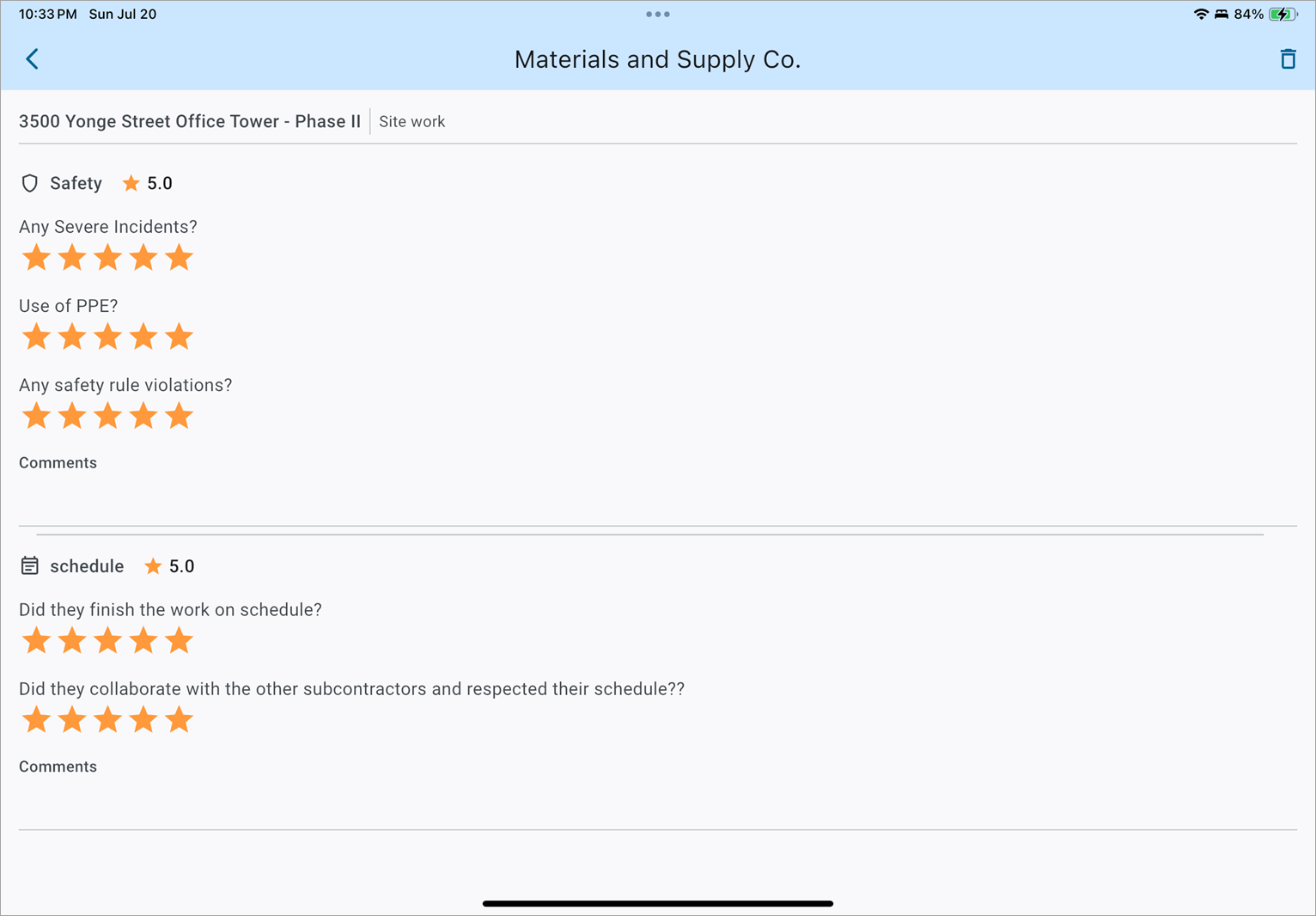 Screenshot of the Reviews screen
