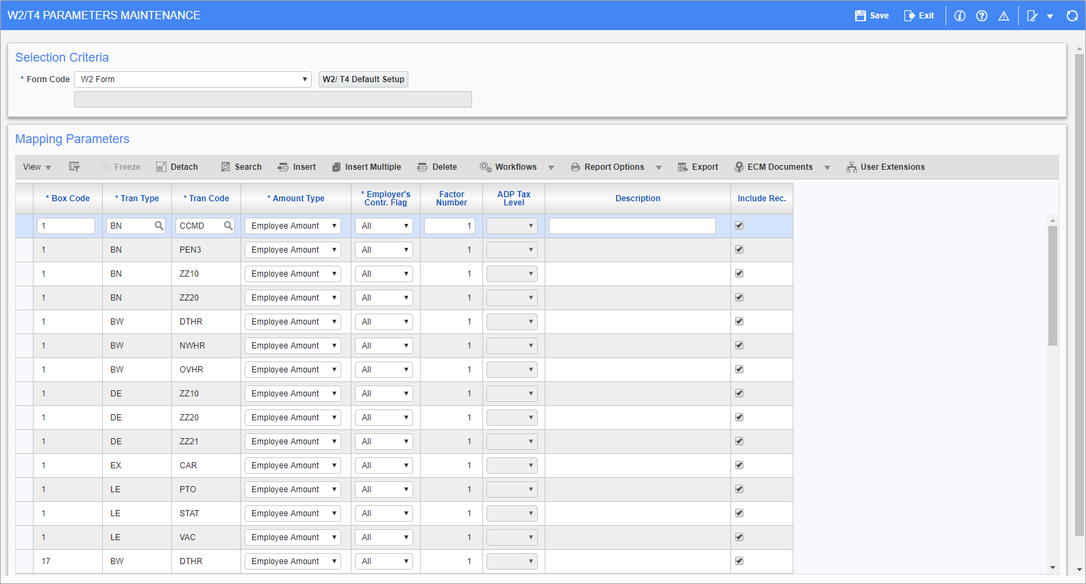 Screenshot of W2/T4 Parameters Maintenance.