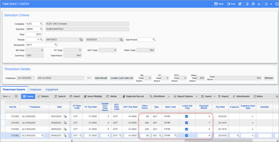 Screenshot of Timesheet Entry