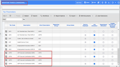 Screenshot of Maintain Taxes (Canadian) screen