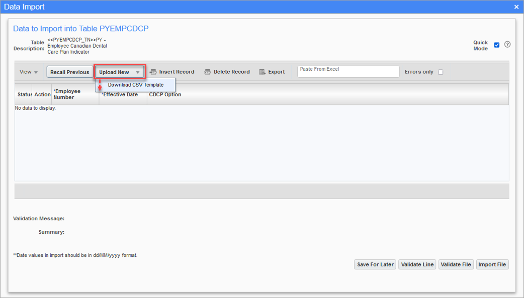 Screenshot of Data Import pop-up window.