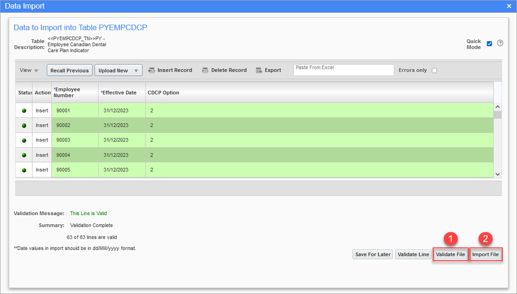 Screenshot of Data Import screen with imported data pasted.