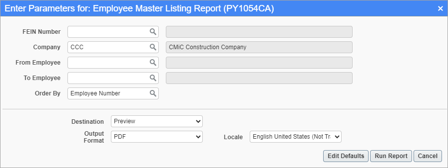 Screenshot of Employee Master Listing Report