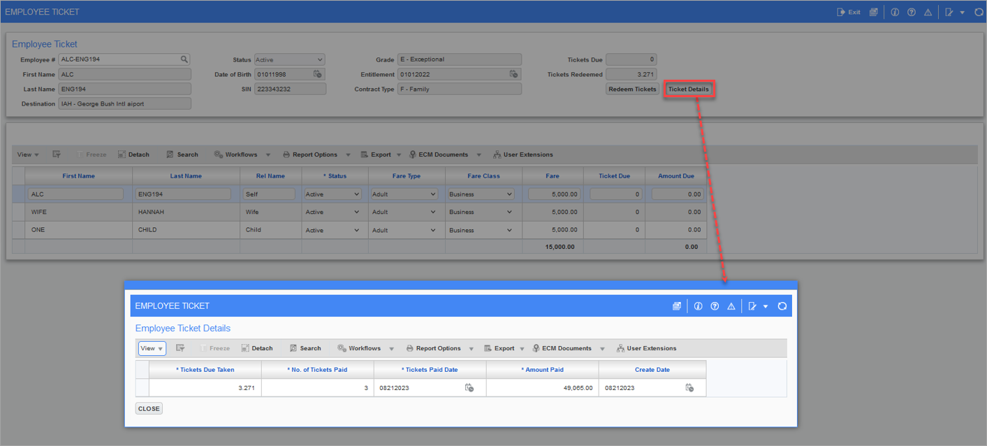 Screenshot of Employee Ticket Details pop-up