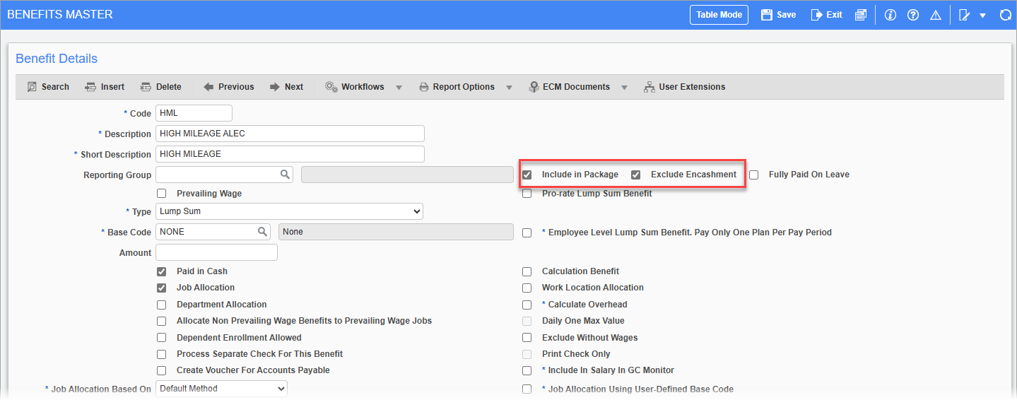 Screenshot of Benefits Master with 'Exclude Encashment' box highlighted.