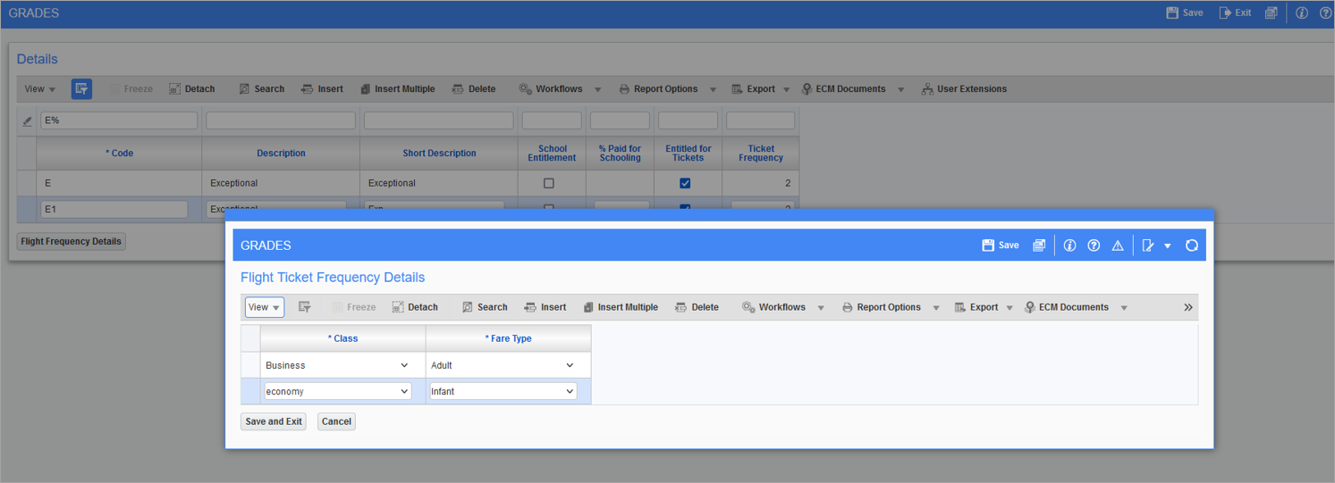 Screenshot of Flight Ticket Frequency Details pop-up