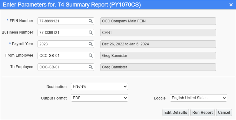 Screenshot of T4 Summary Report parameter screen
