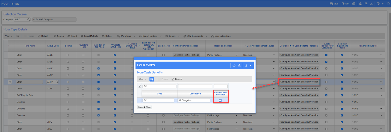 Screenshot of Non-Cash Benefits pop-up screen
