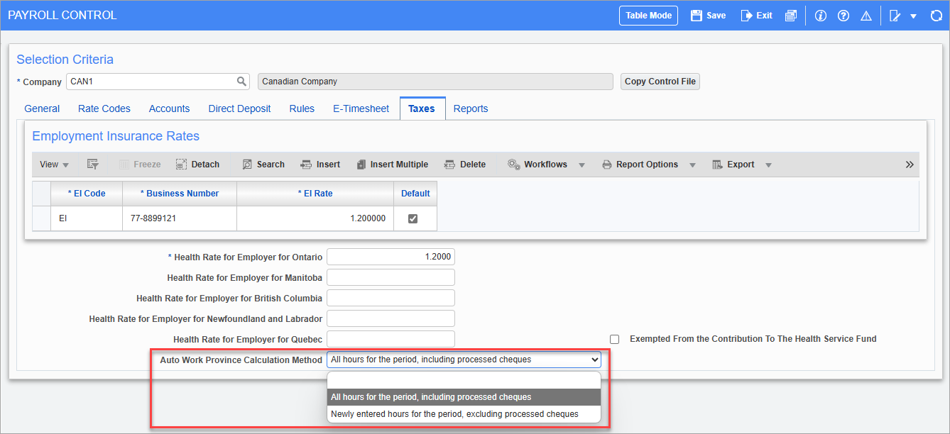 Screenshot of Payroll Control - Taxes tab