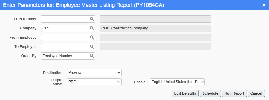 Screenshot of Employee Master Listing Report parameter screen.