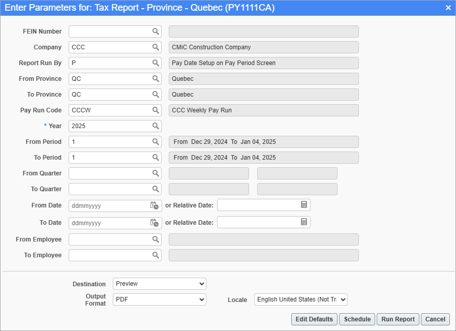 Screenshot of Tax Report Province Detail Quebec paramter screen.