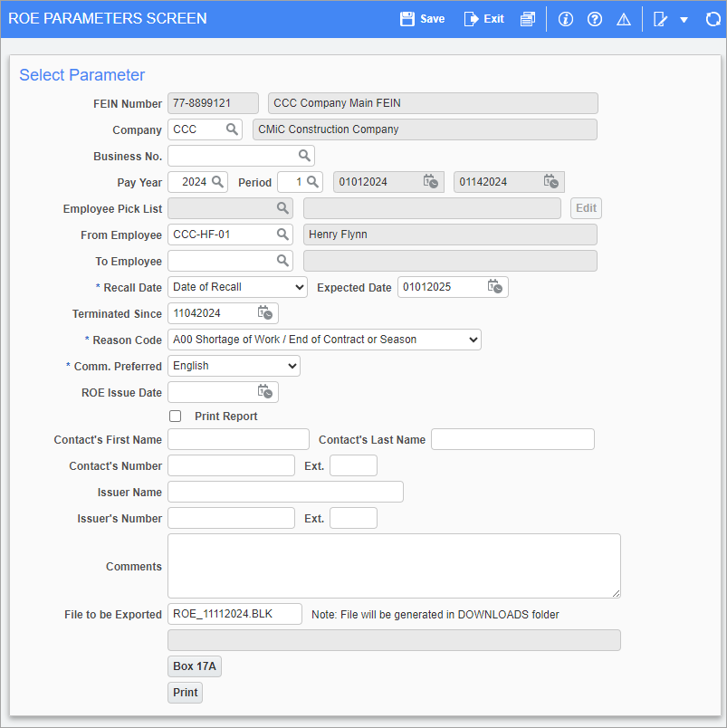 Screenshot of ROE Parameter screen.