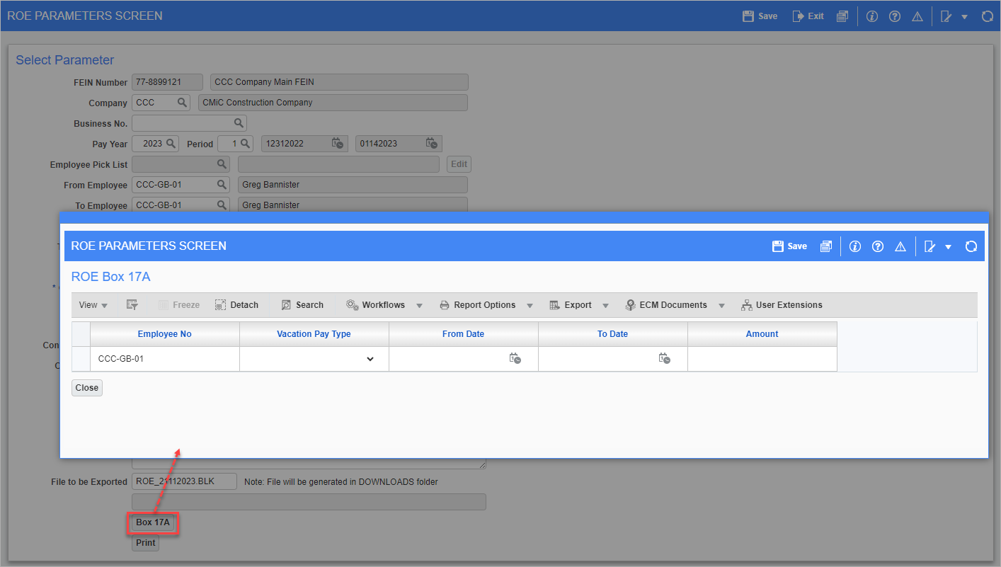 Screenshot of Roe Parameters Screen pop-up for ROE Box 17A