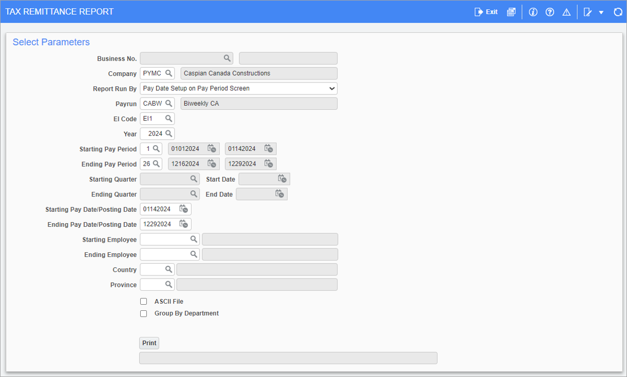 Screenshot of Tax Remittance Report