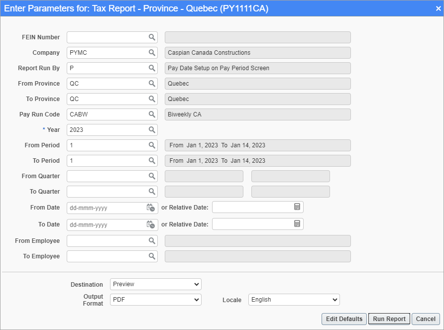 Screenshot of Tax Report – Province – Quebec