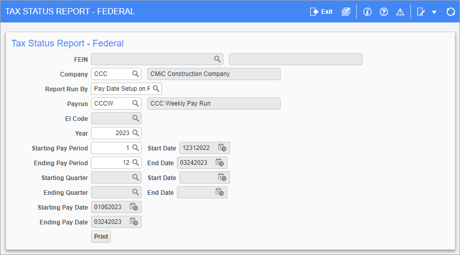 Screenshot of Tax Status Report Federal