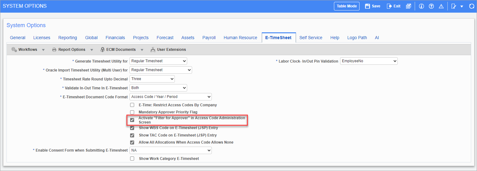 Screenshot of System Options - E-Timesheet tab with checkbox highlighted.