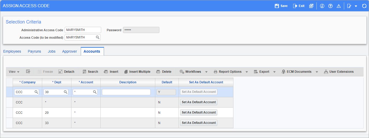 Screenshot of Assign Access Code - Accounts tab.