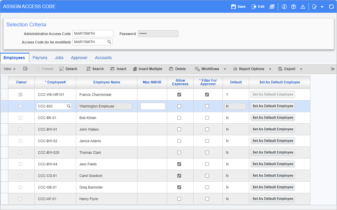 Screenshot of Assign Access Code - Employee tab