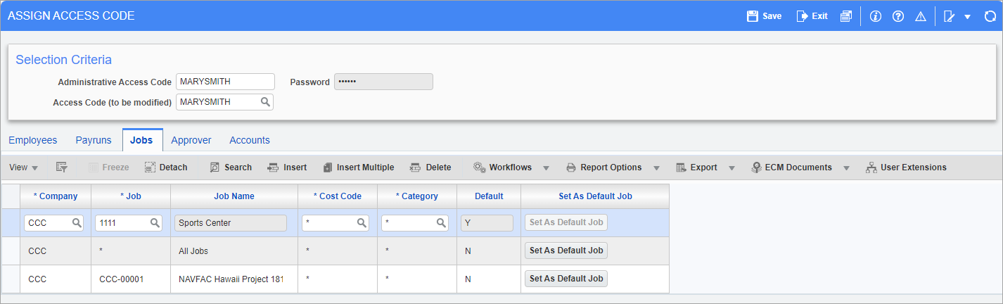 Screenshot of Access Code Jobs tab