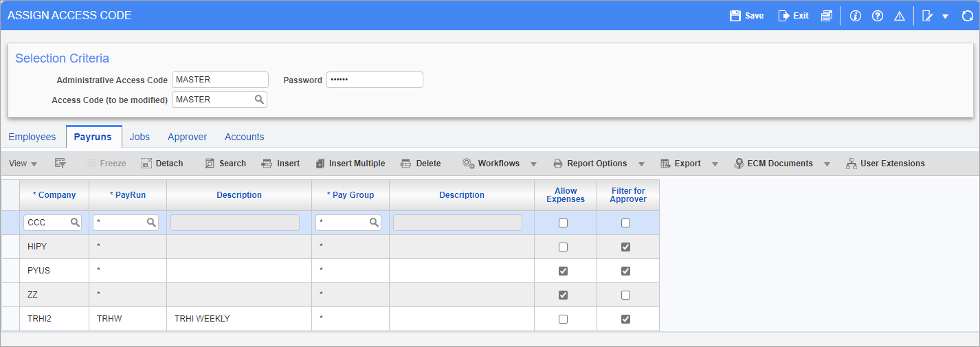 Screenshot of Assign Access Code - Payruns tab.