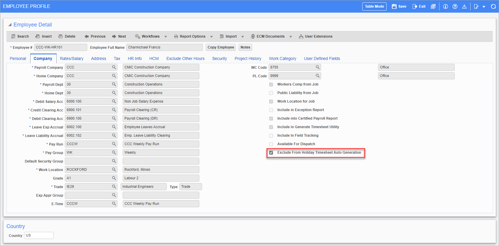 Screenshot of Employee Profile - Company tab.