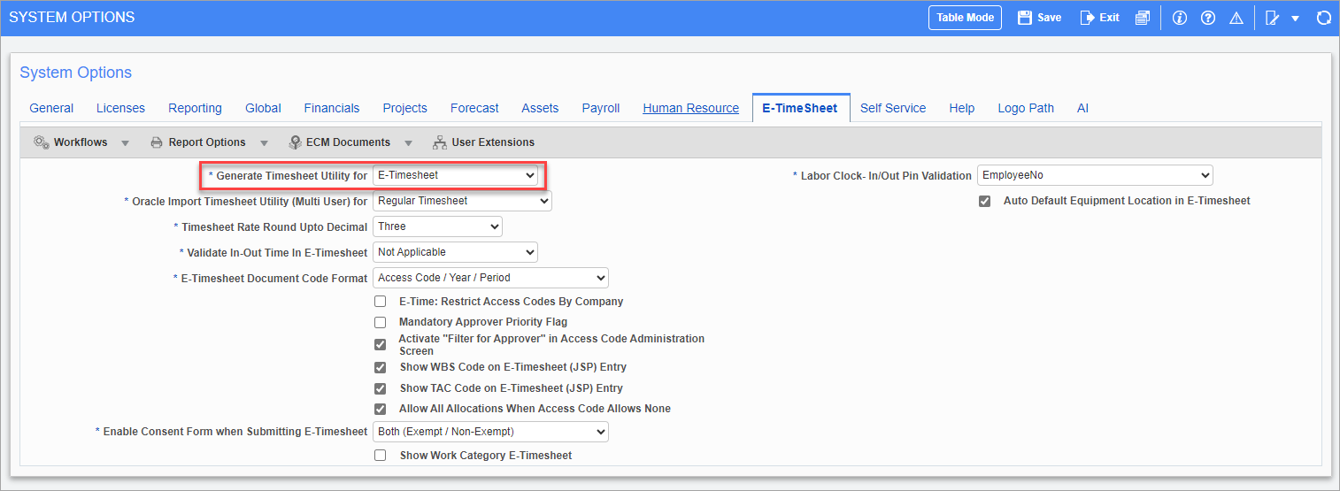 Screenshot of System Options - E-Timesheet tab.