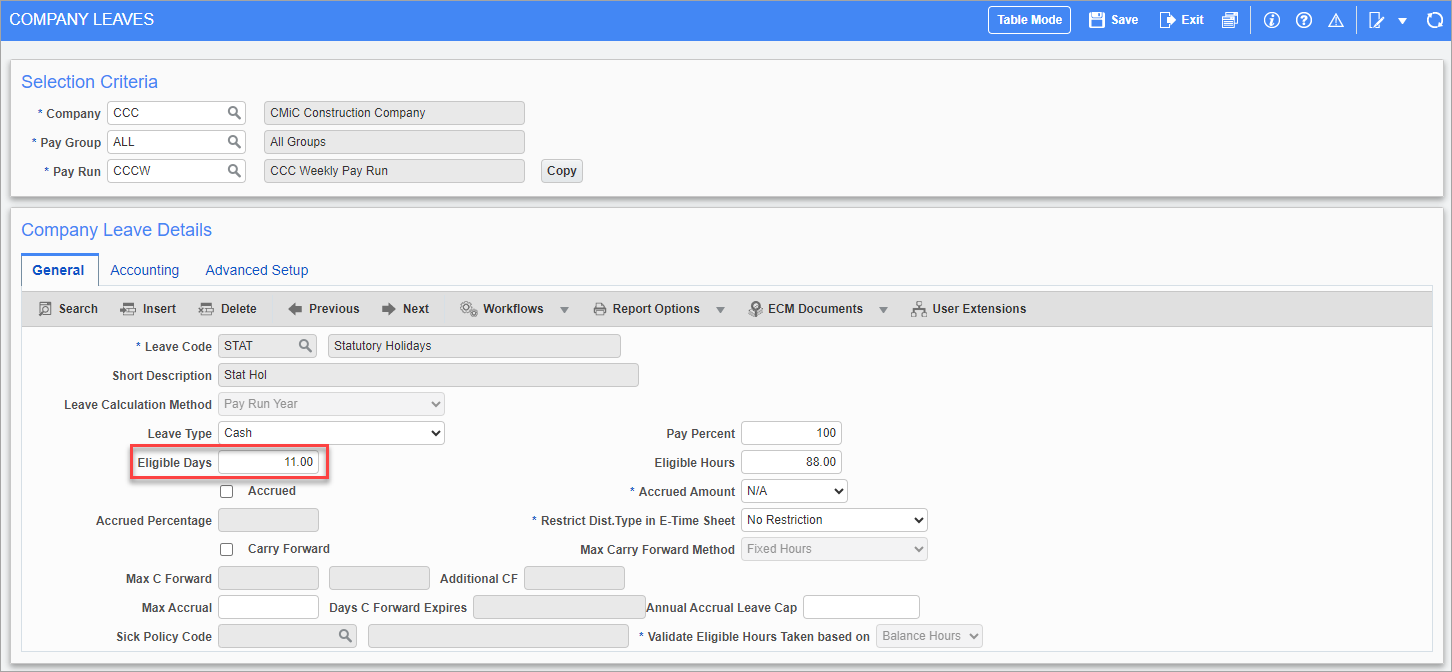 Screenshot of Company Leaves - General tab.